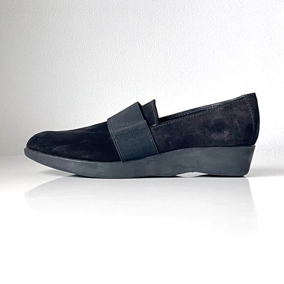 Stuart Weitzman Minimal Black Suede Leather Slip On Wedge Heeled Shoes Size 37